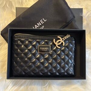 Chanel Black Quilted Cosmetic Pouch with Gold Accents